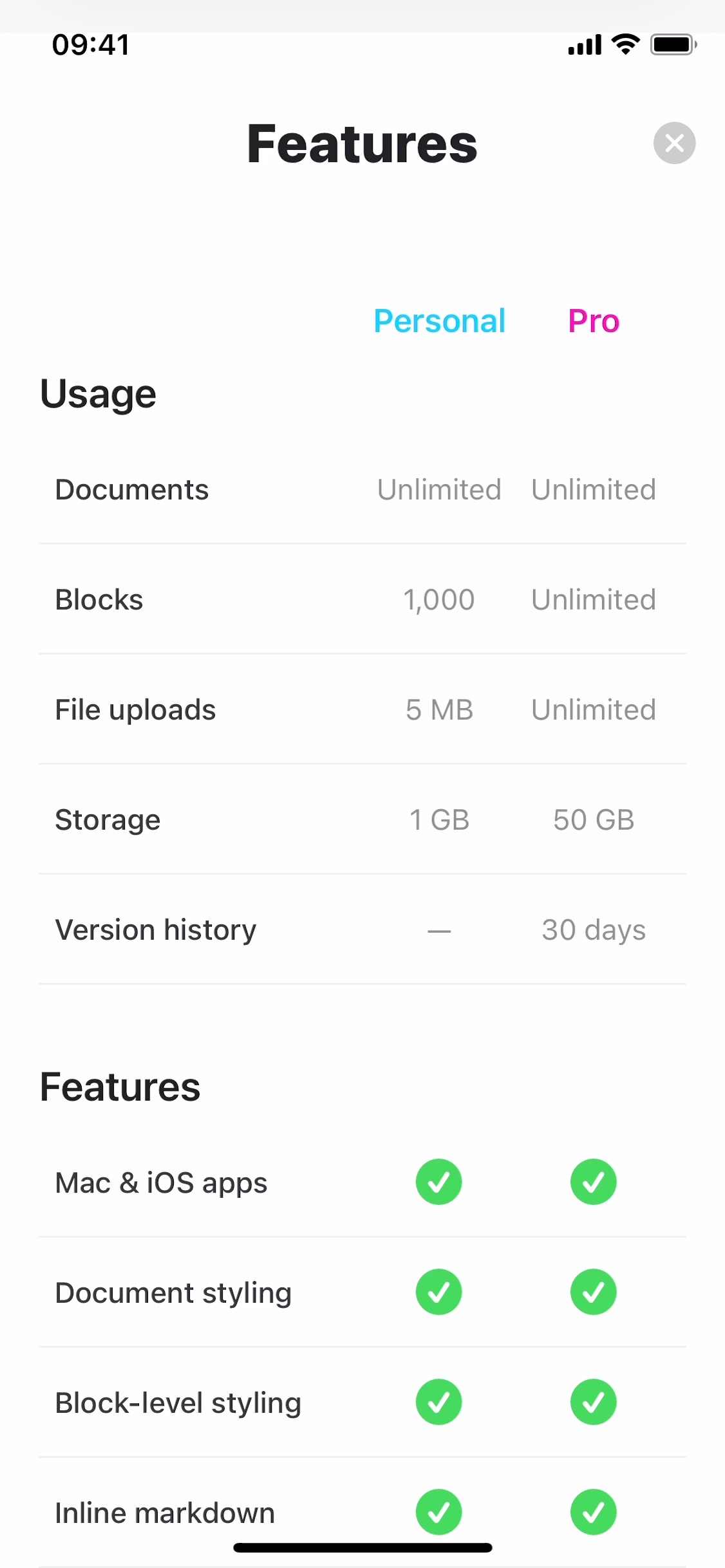 Feature comparison table