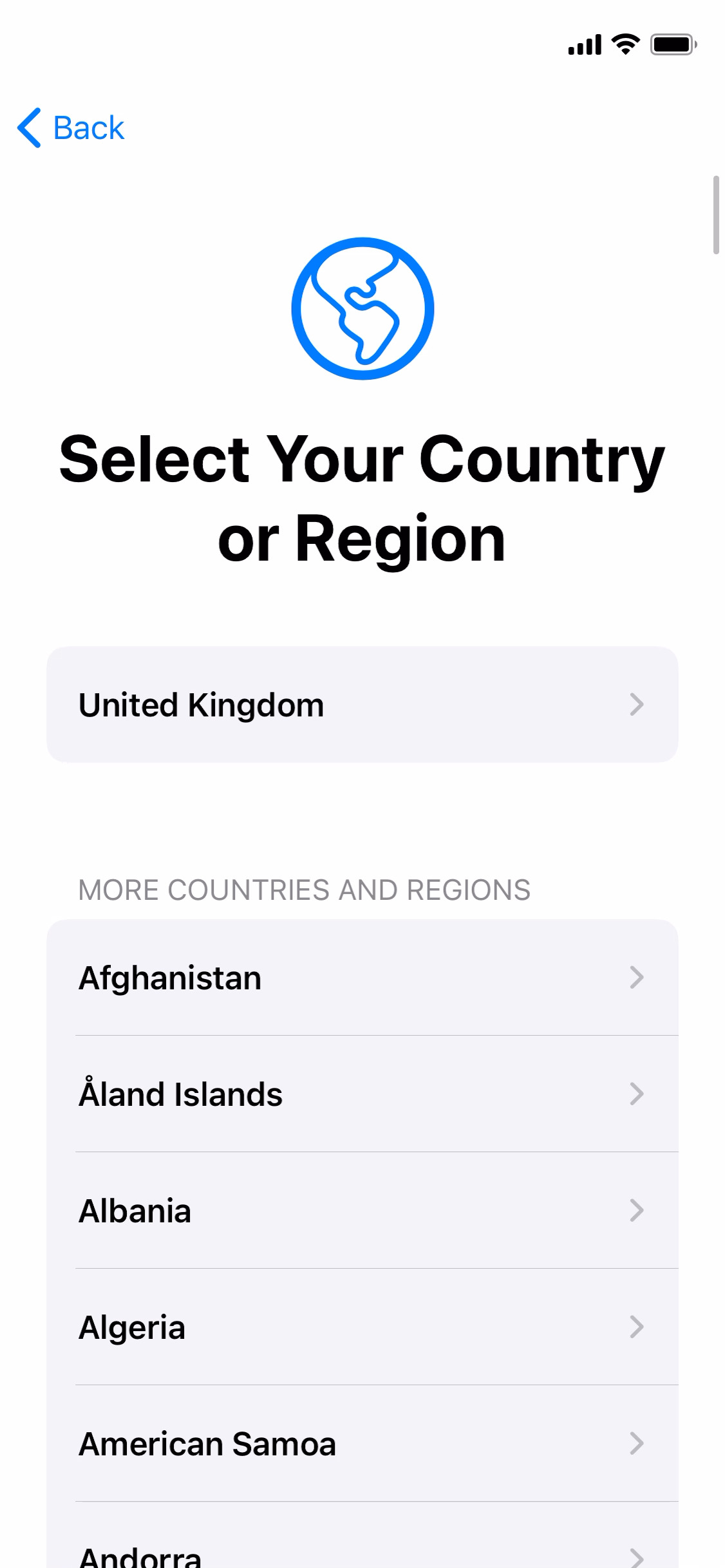 Country or region picker