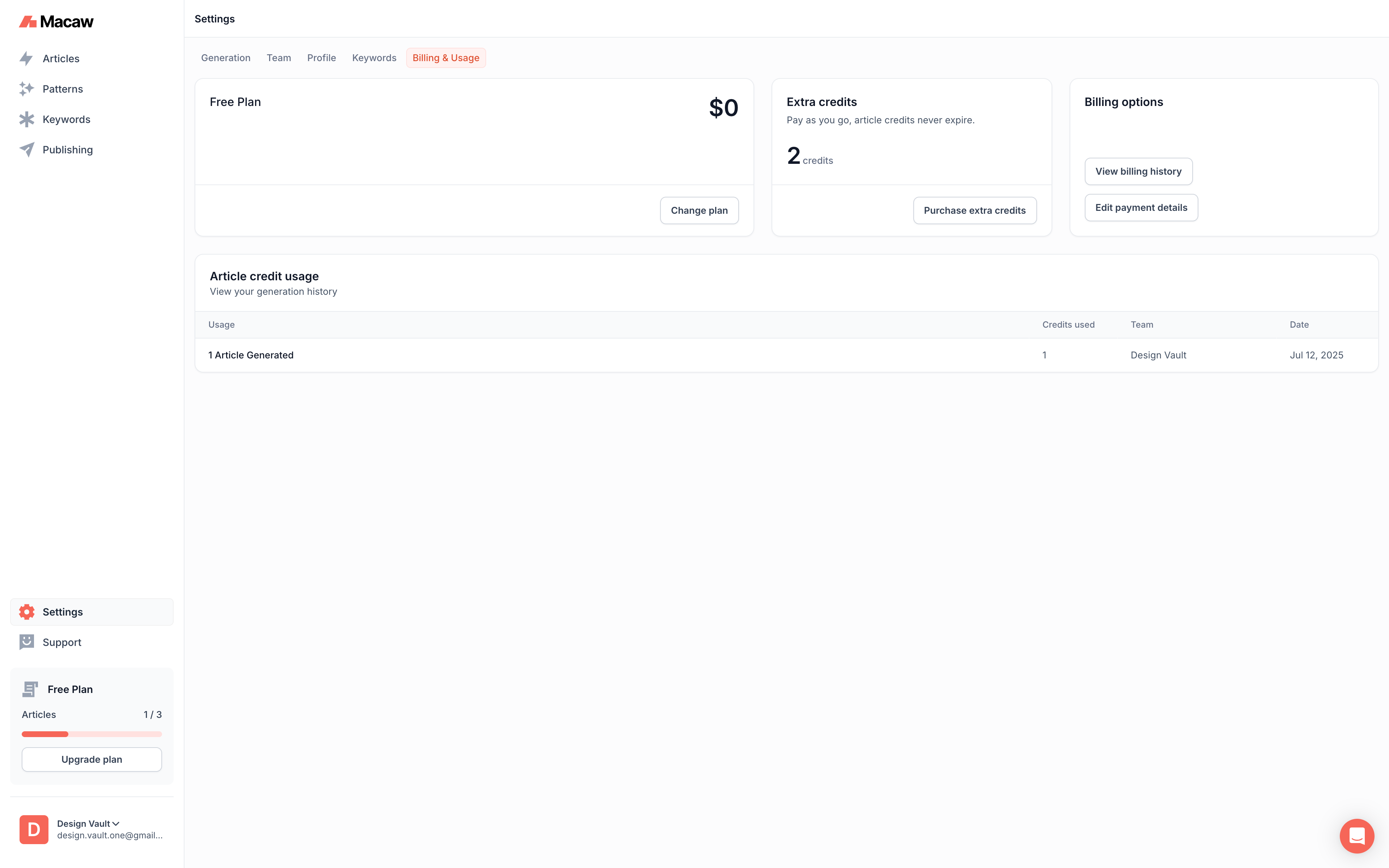 Macaw Billing & Usage