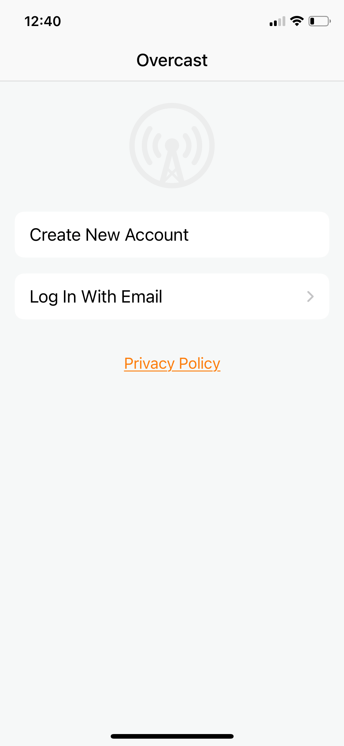 Overcast landing screen