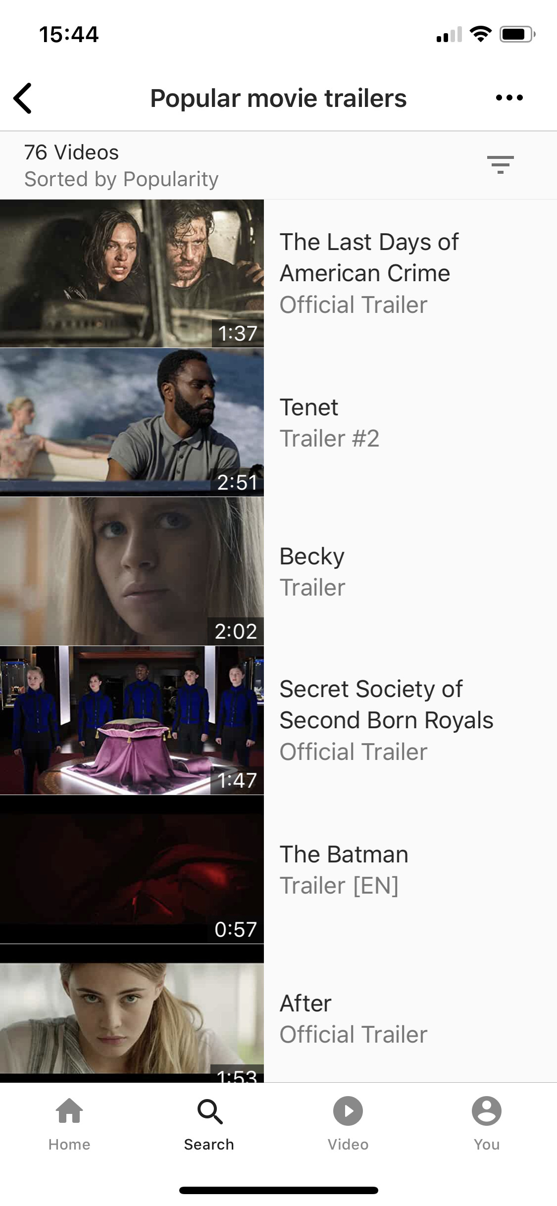 Popular movie trailers