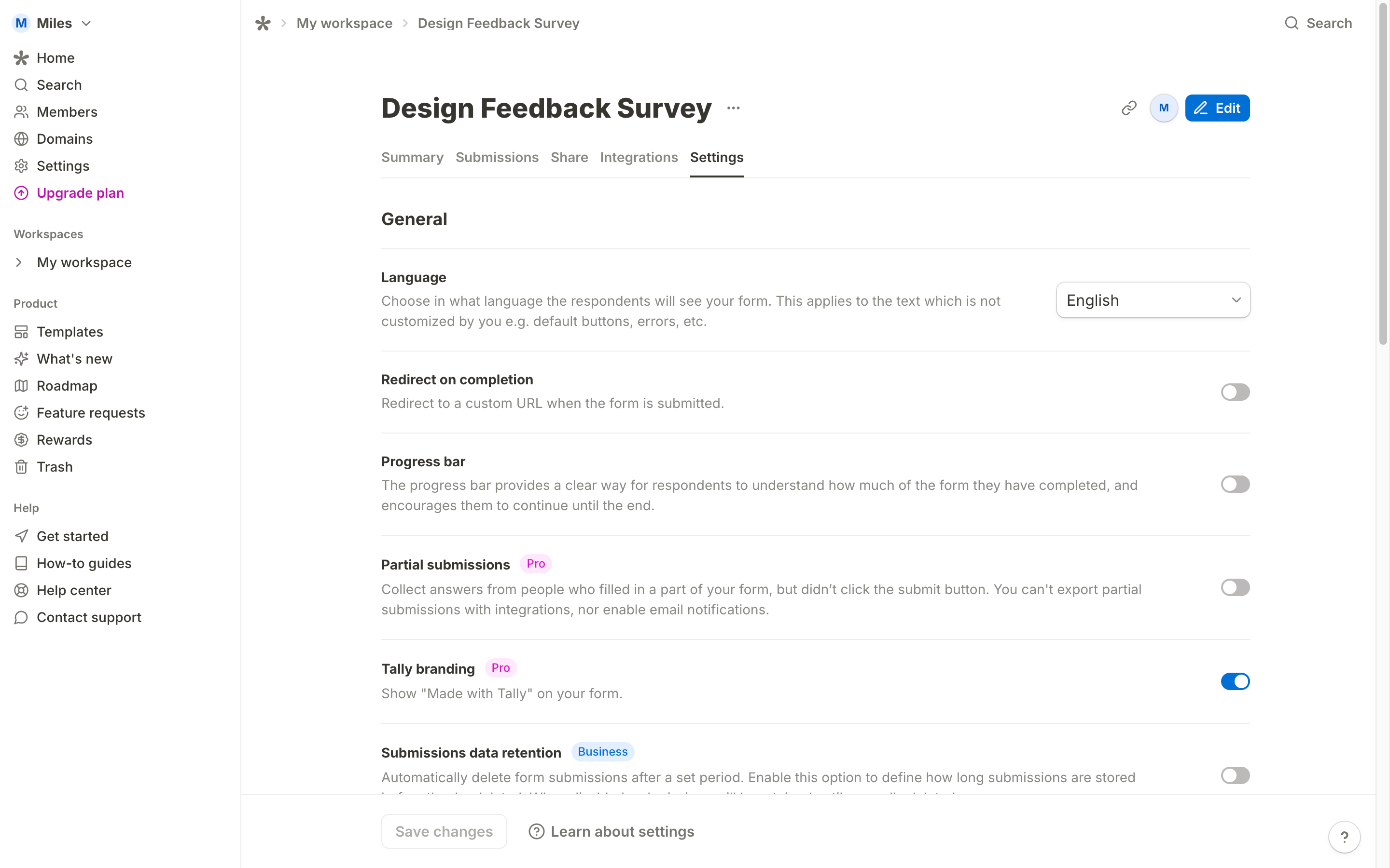 Tally - Form settings