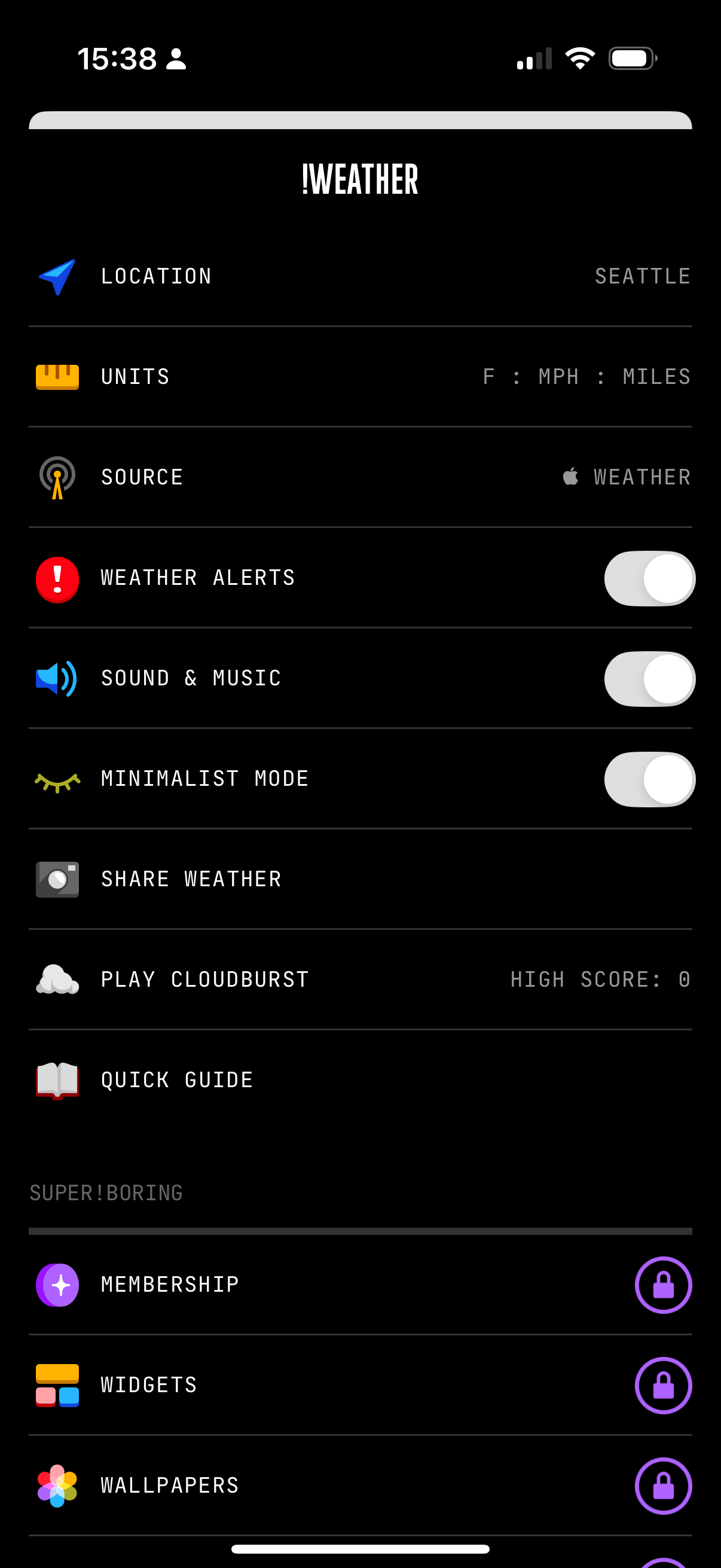 (Not Boring) Weather - Settings Page
